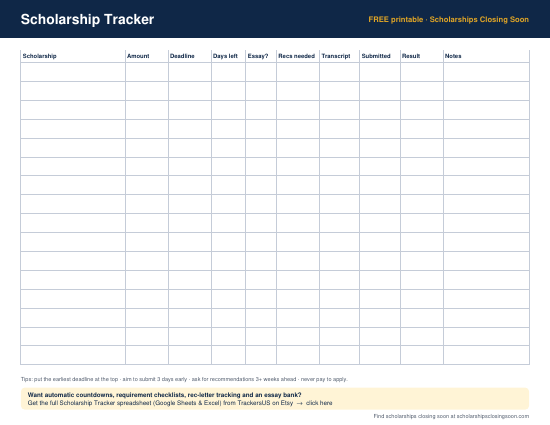 Preview of the free one-page scholarship tracker
